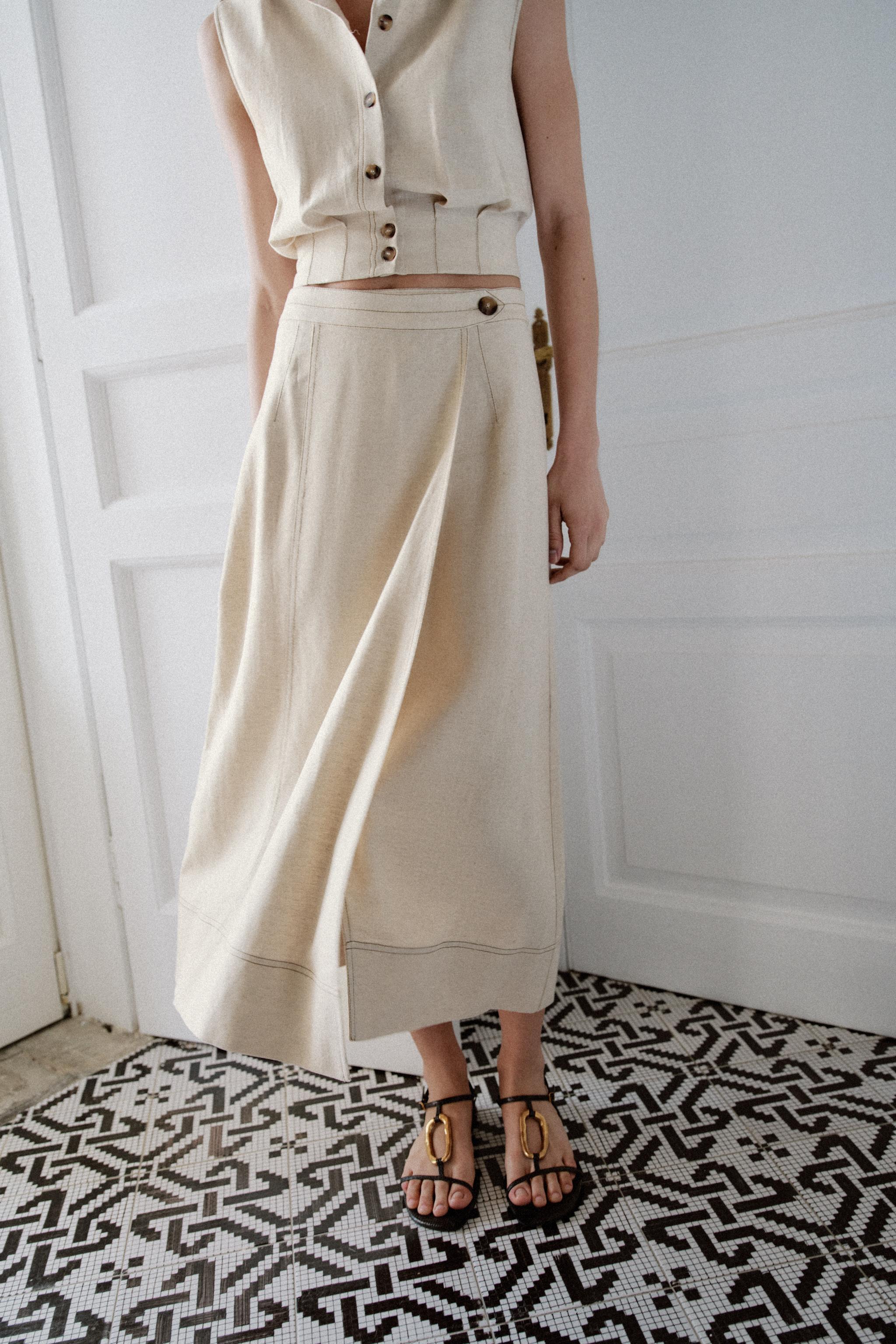 LINEN BLEND WRAP MIDI SKIRT